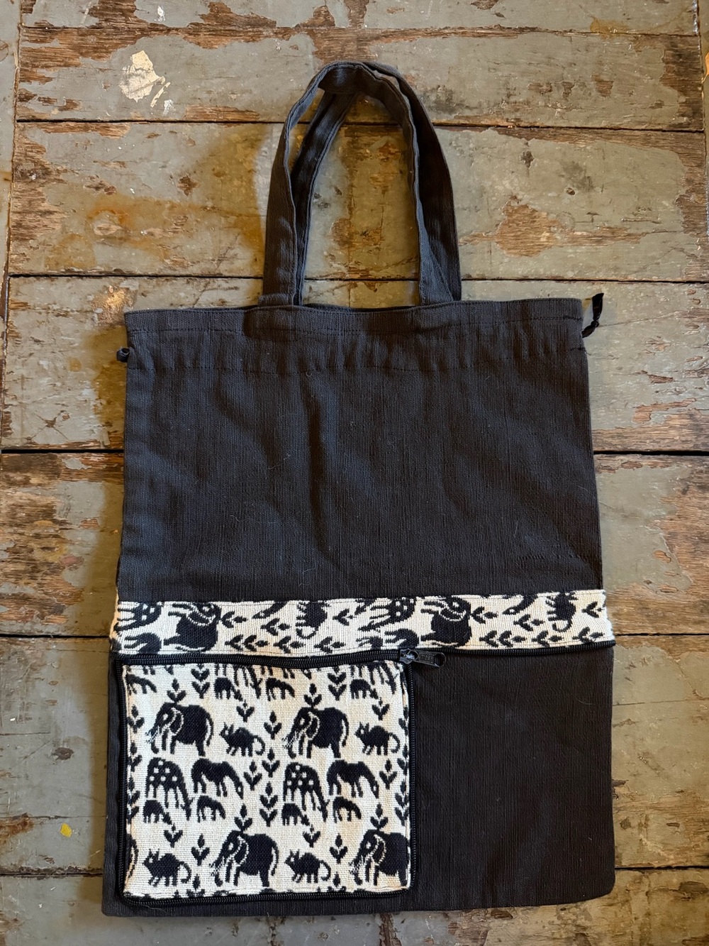 Nepali Bazaro Black Canvas Tote with Ivory Elephant Accent